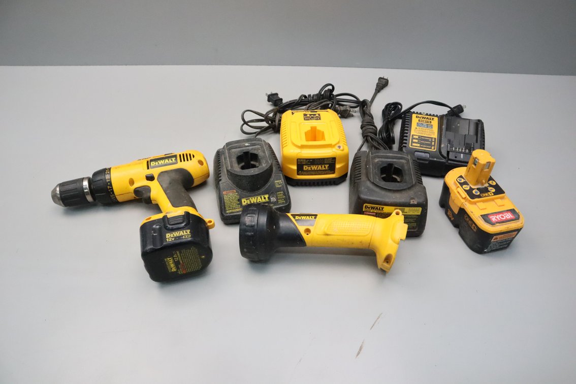 Dewalt Drill and Flashlight, Battery Chargers and 2 Batteries