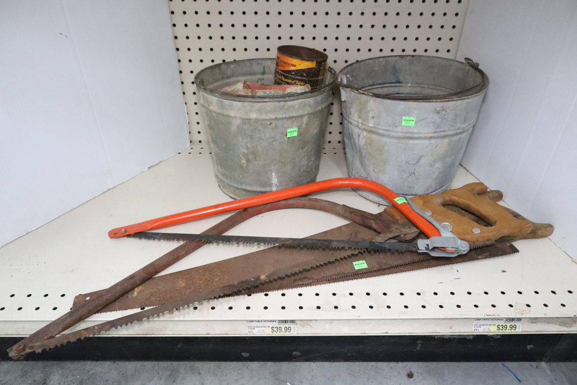 Hand Saws, Buckets With Nails and Fasteners