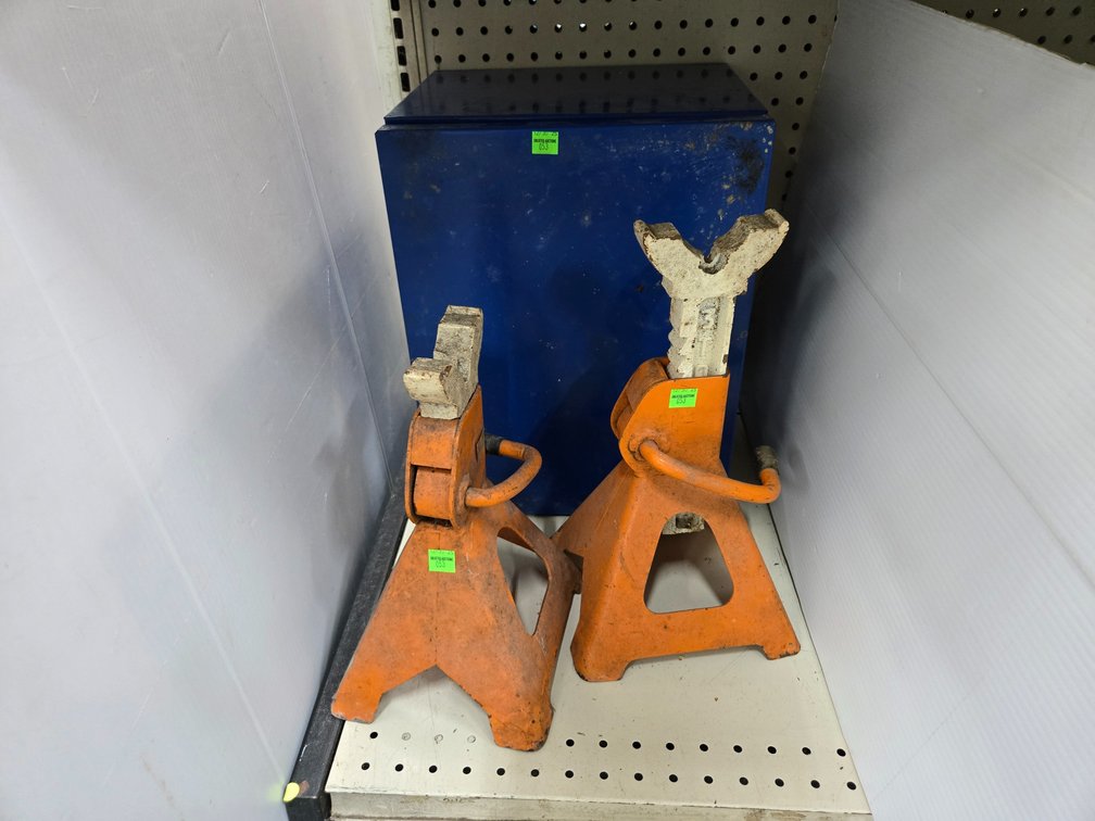 3 Ton Jack Stands and Small Metal Cabinet, No Key