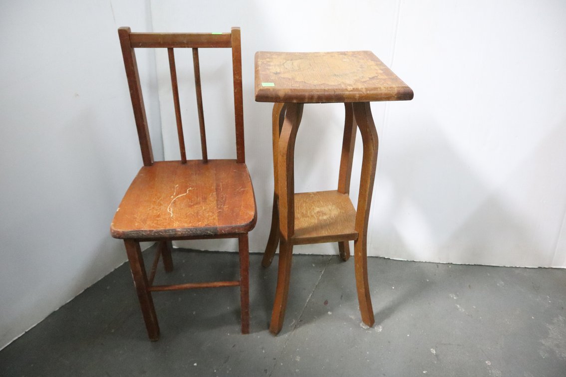 Plant Stand and Small Wooden Chair