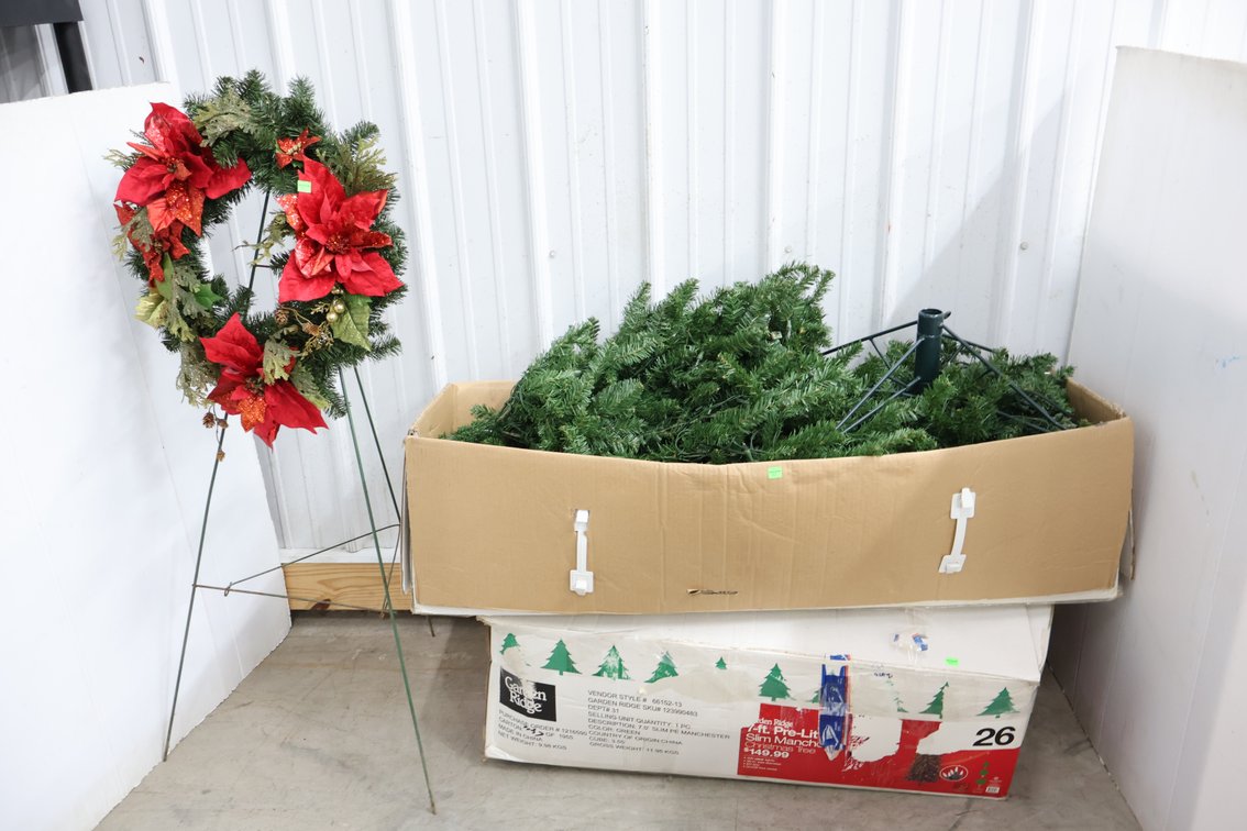 9 Ft and 7 Ft Christmas Trees, Wreath