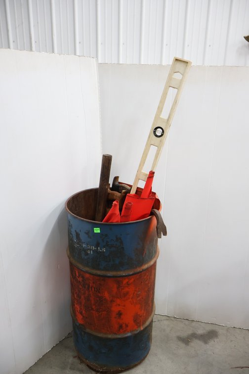 Metal Barrel with Hand Saws, Wide Load Flags, 4 Ft Level