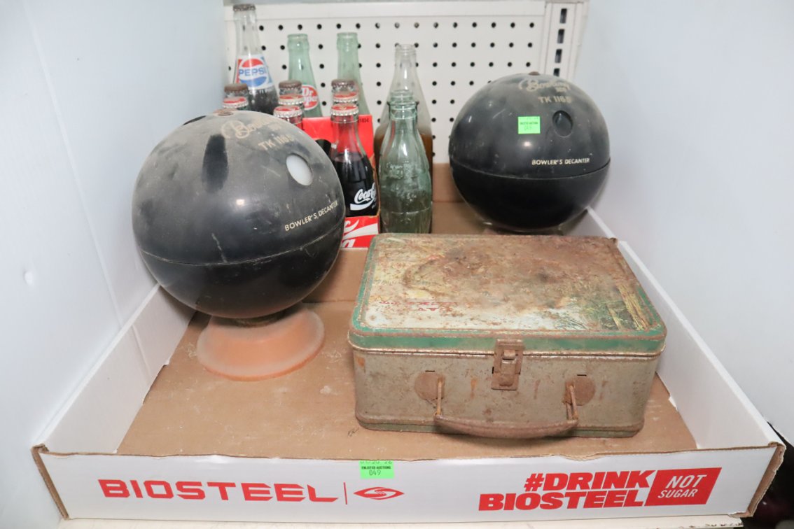 Vintage Metal Lunch Box, Decanters, Soda Bottles
