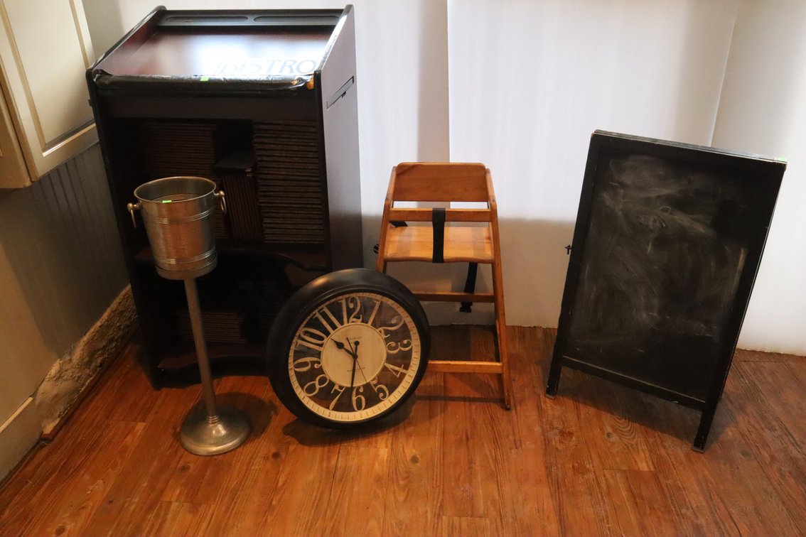 Lectern/Check In Station, Sidewalk Sign, Clock,
