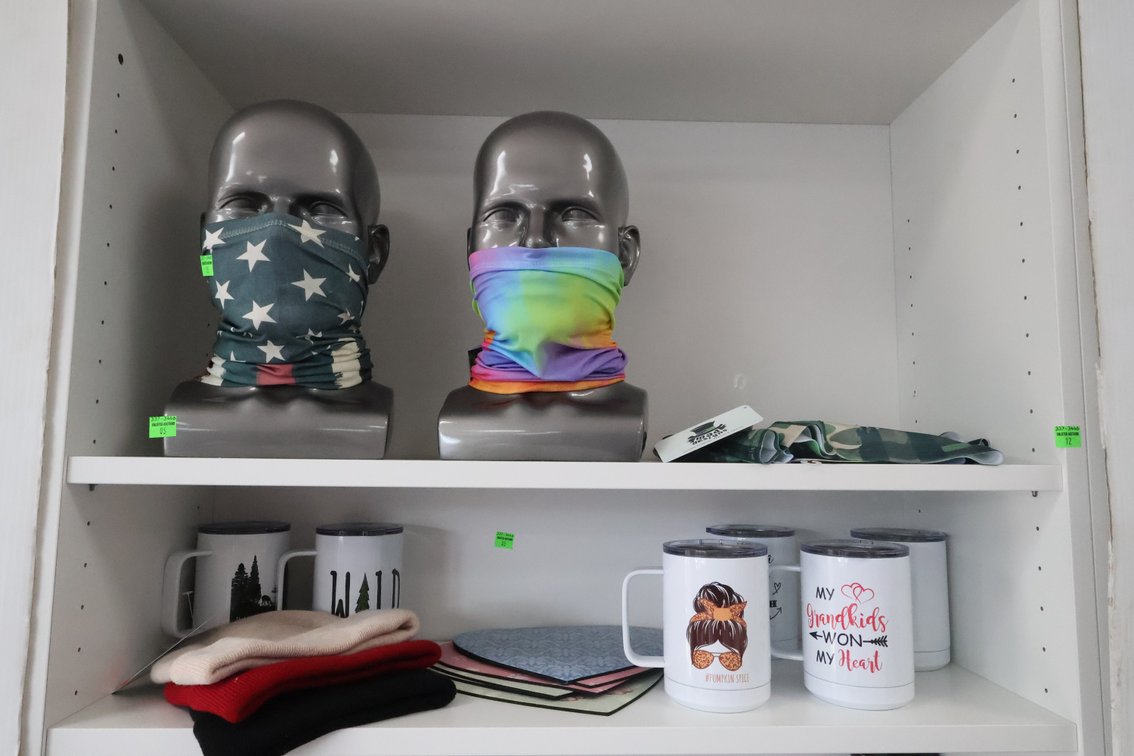 (2) Mannequin Head Displays, Neck Gaiters, Wild mugs,More