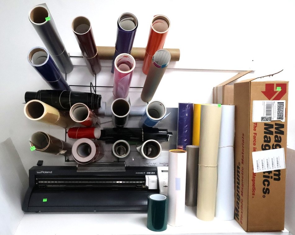 Roland Vinyl Cutter and software disc, Vinyl Rolls, Vinyl Rack