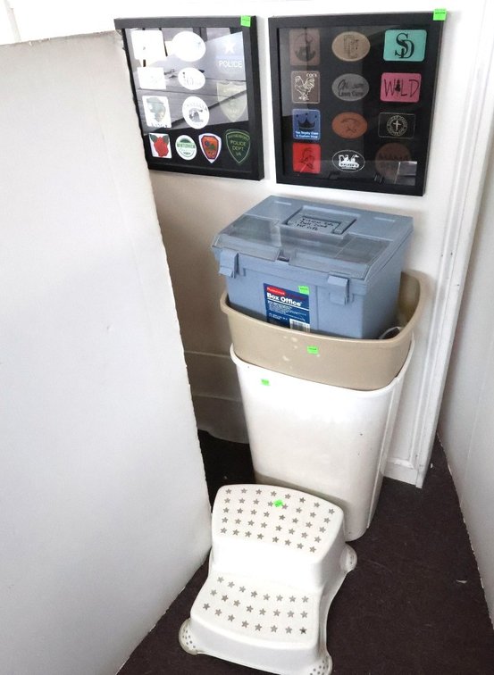 (2) Display Case With Patches,Trash Cans