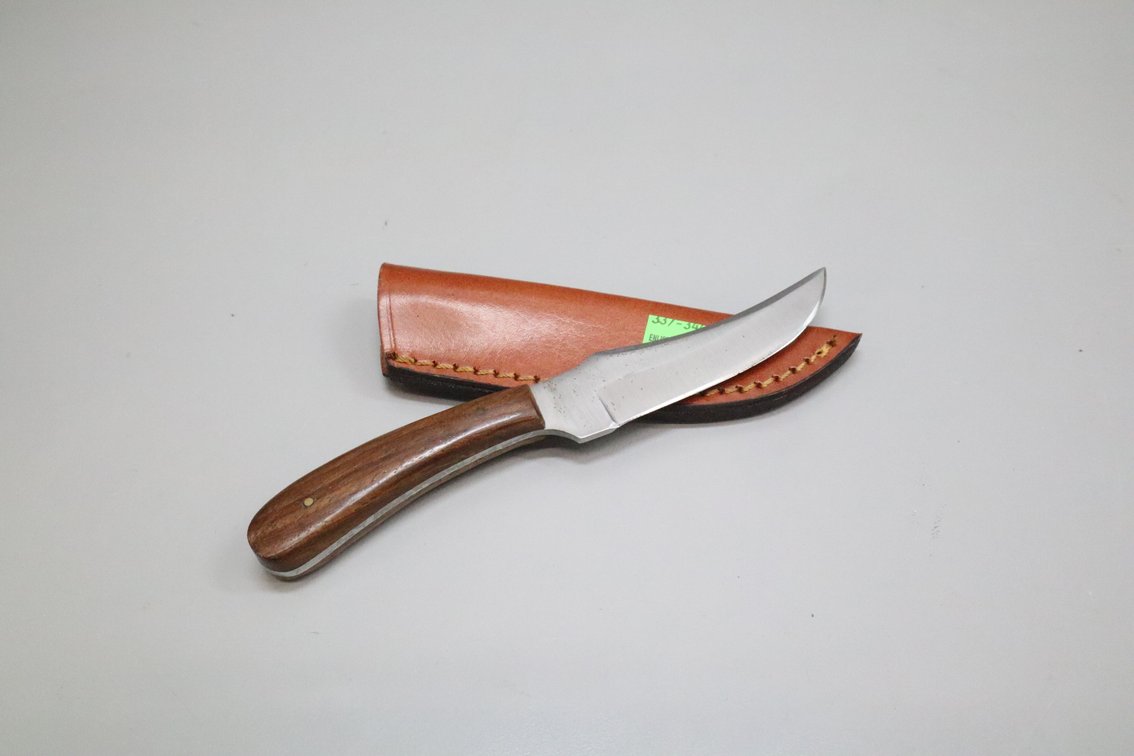 Fixed-Blade Trailing Point Knife with Wood Handle and Leather Sheath