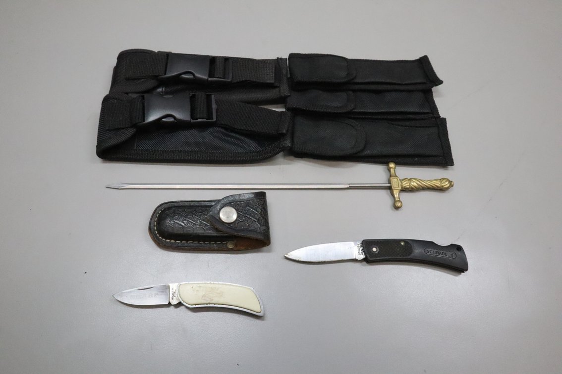 Folding Pocket Knives, Sheaths, and Sword-Hilt Metal Skewer