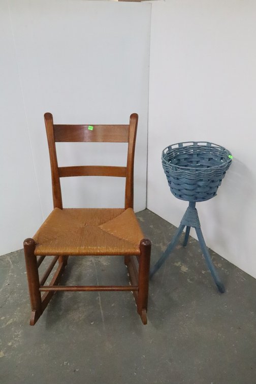Rocking Chair, Wicker Flower Basket Stand