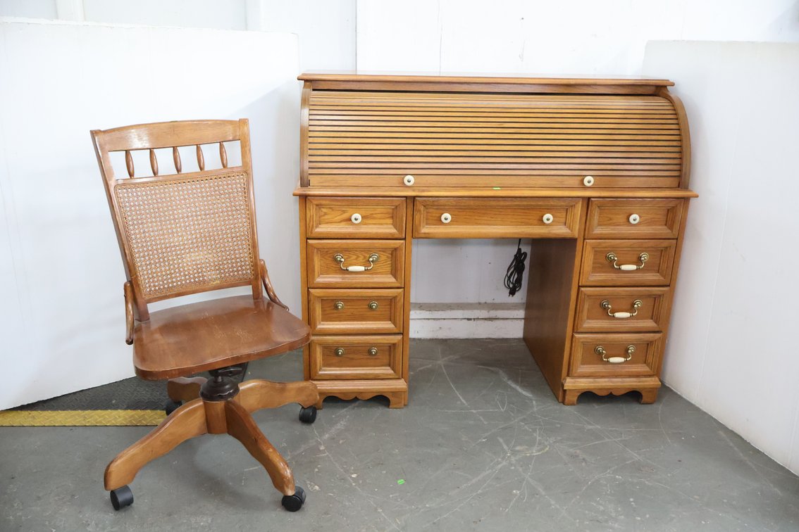 Roll Top Desk And Wooden office Chair