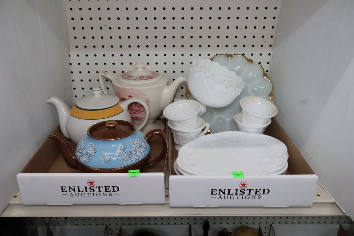 Milk Glass Snack Sets, Tea Pitchers