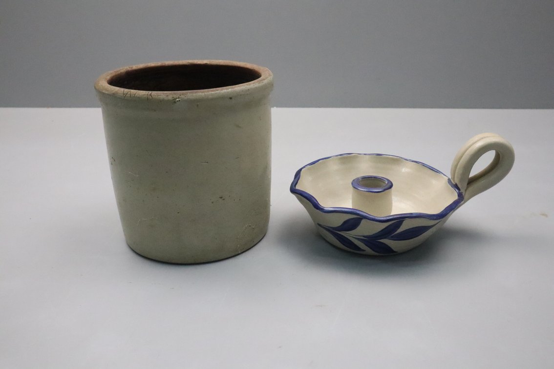Stoneware Crock And Candle Stand