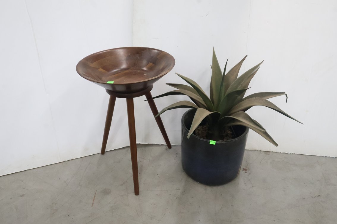 Artificial Plant, Stoneware Planter, Wooden Bowl