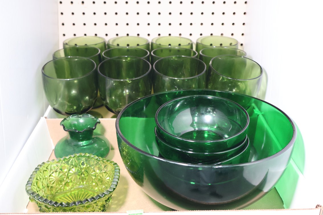 Green Glass Goblets, Chip Bowl