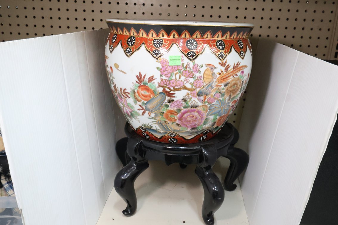 Asian Ceramic Flower Pot On Stand