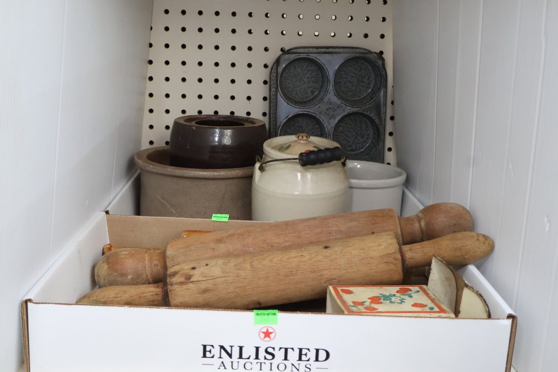 Wooden Rolling Pins, Stoneware Crocks