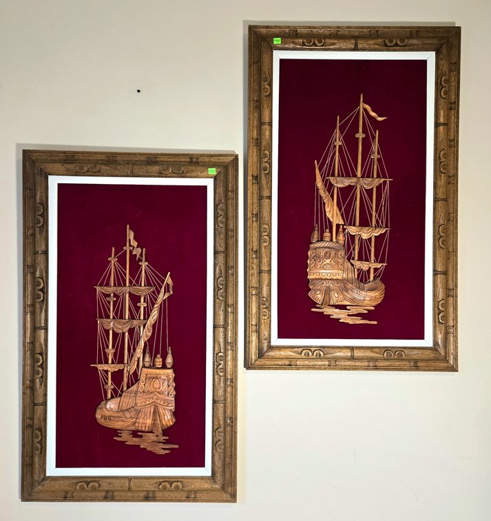Pair of Wood Carved Ships on Red Velvet