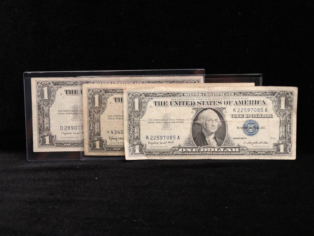 (3) $1 Silver Certificates 1957 A, 1957 B Star Note, 1935 G