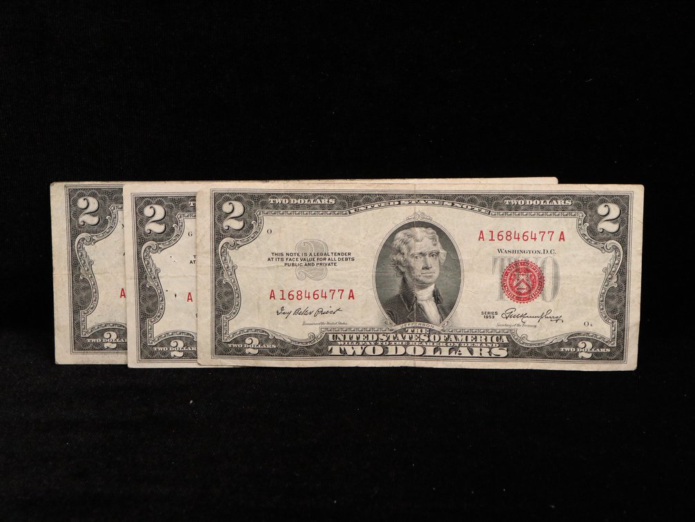 (3) 1953 $2 Two Dollar Bills Red Seal