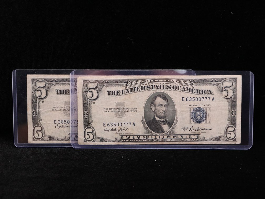 (2) 1953 A $5 Five Dollar Silver Certificates Blue Seal