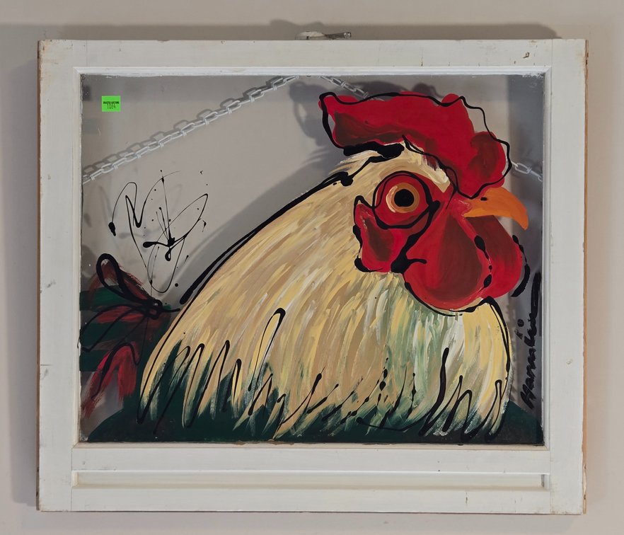 Rooster Painting on Vintage Window - Signed