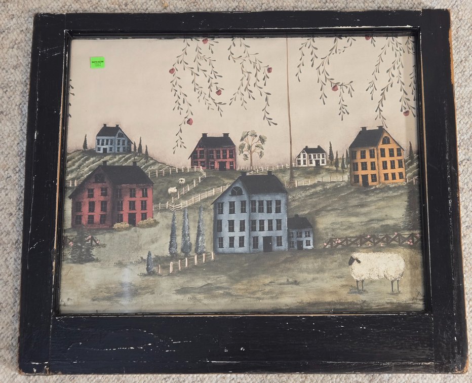 Canvas Folk Art Countryside Print in Vintage Window Frame