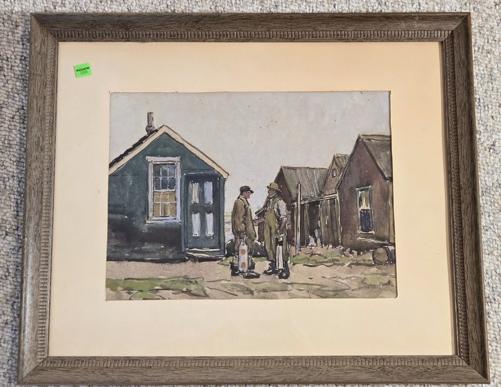 Watercolor of Fishermen in Village