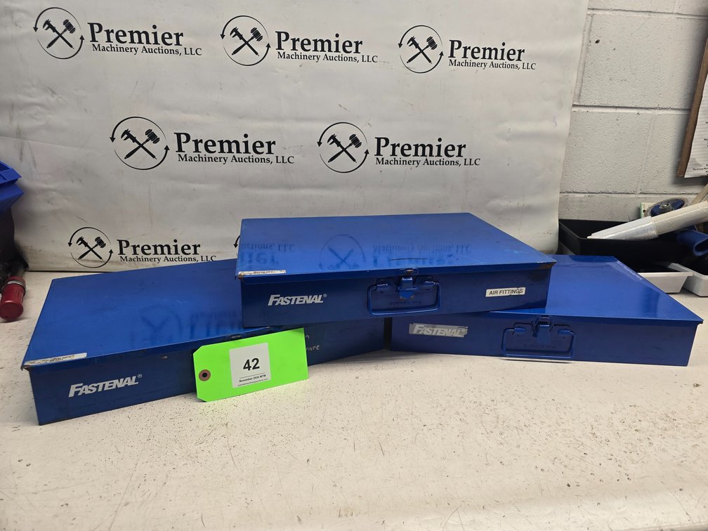 (3) Fastenal Metal Small Parts Storage Bins with Contents