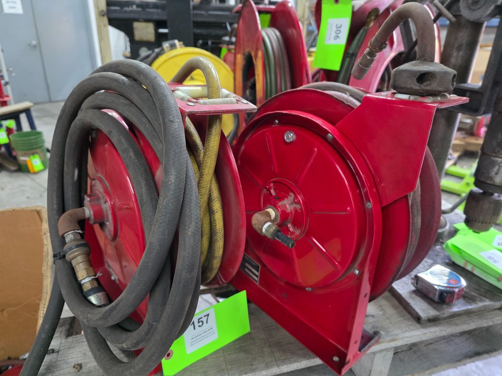 (2) Reelcraft Model 5635 OLP, Pneumatic Retractable Hose Reels.