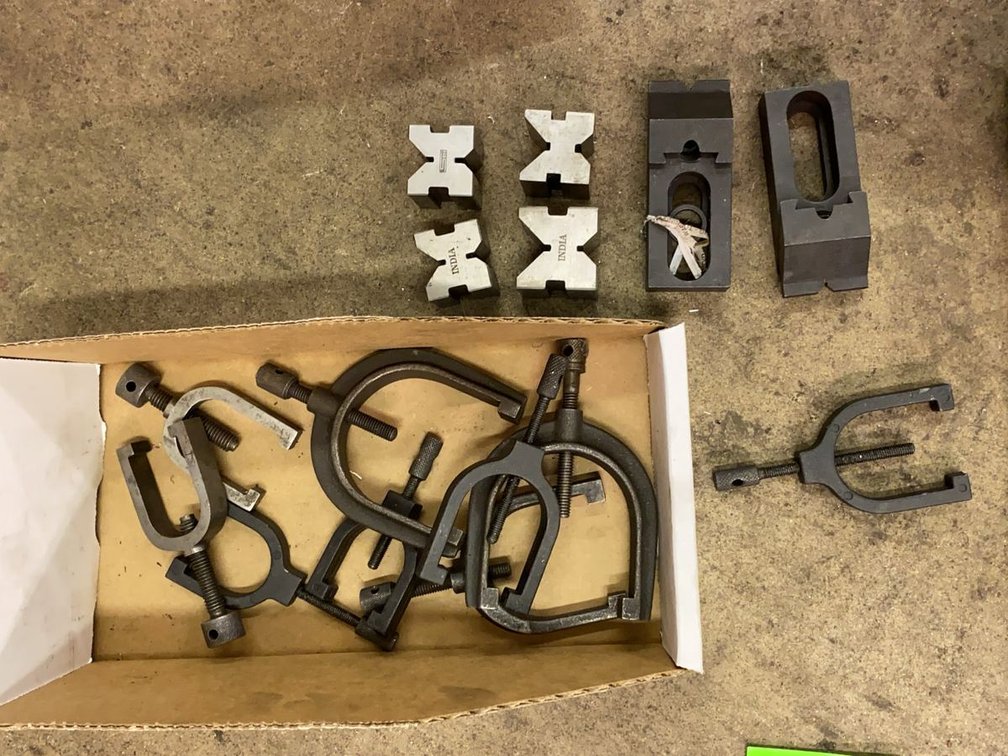 Group of Machinist Clamps, V-Blocks, and Setup Blocks