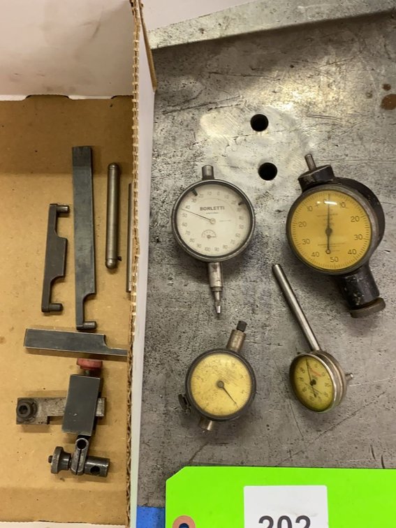 Assortment of Dial Indicators and Mounting Hardware