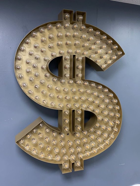 Gold Tone Dollar Sign Marquee Wall Light 4ft LED Bulb Decor
