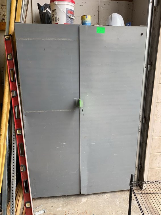 Assortment of Parts Bins in Double-Door Industrial Cabinet