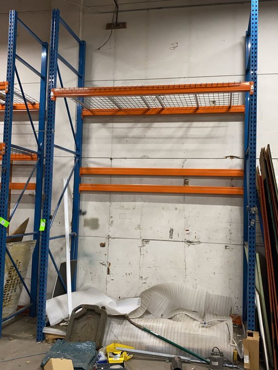 Group of 14ft x 42in Pallet Rack Uprights and Cross Beams