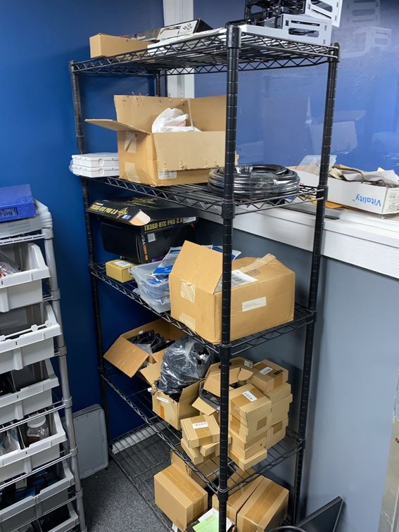 Group of Wire Shelving with Assorted PC & Hardware Parts