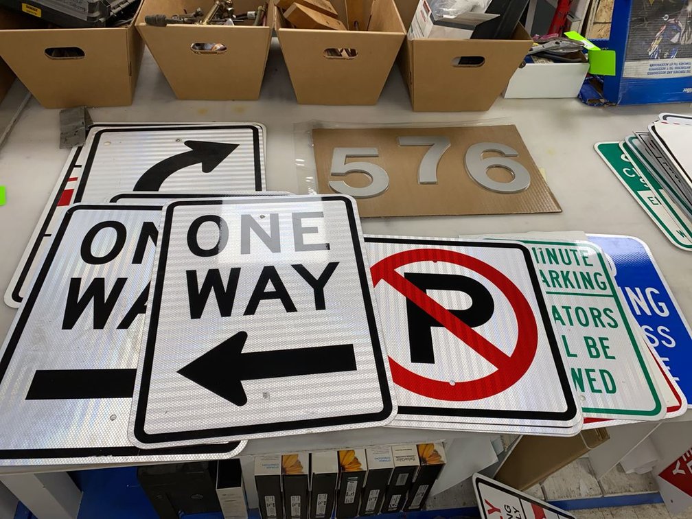 Group of Reflective Roadway Control Placards and Metal Numerals