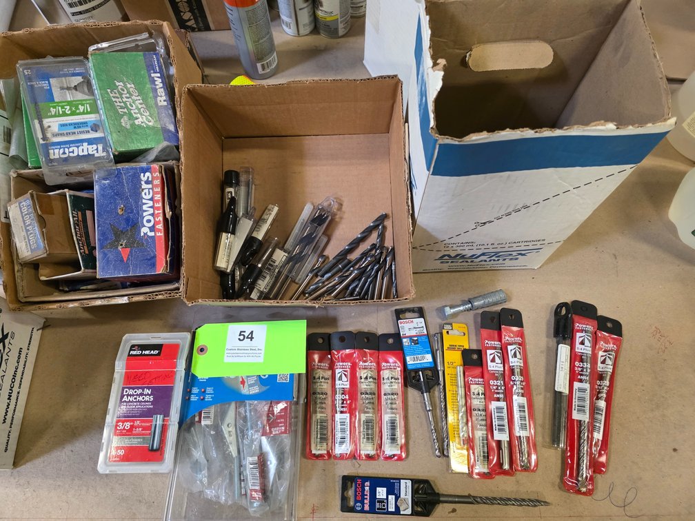 Assorted Masonry Drills, Standard Drills, and Hardware/Fasteners.