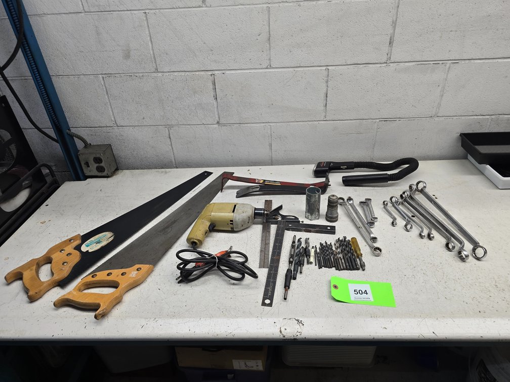 Assortment of Hand Tools, Perishables and Power Drill.