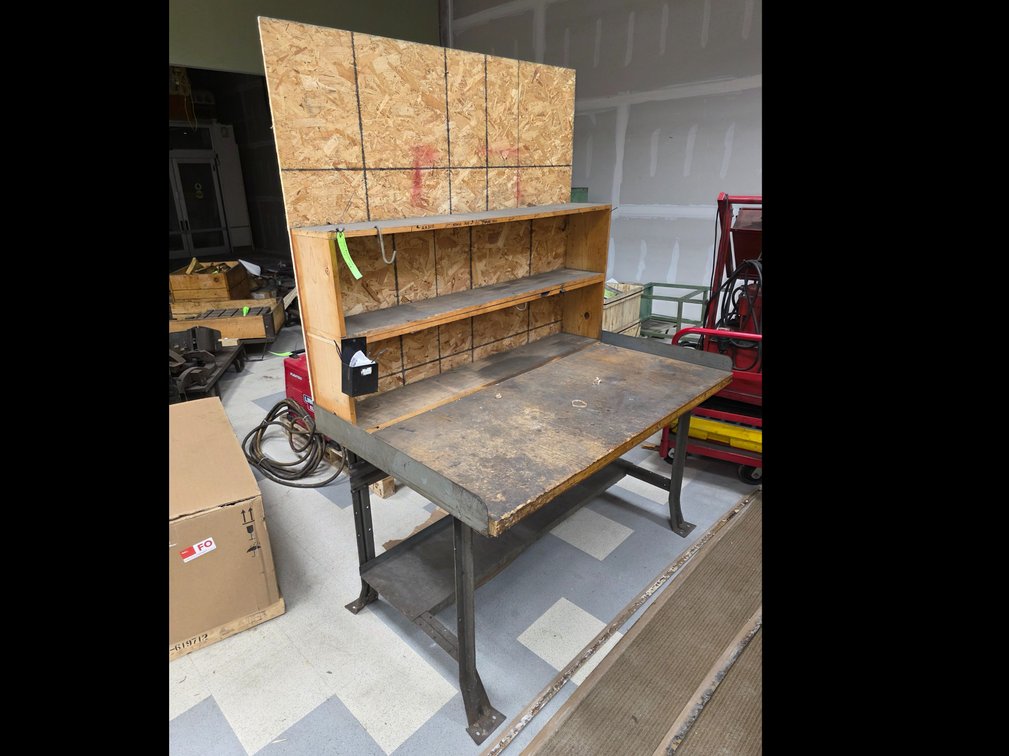 Metal Frame Wood Top Workbench w/ Custom Wood Back Storage Riser. 