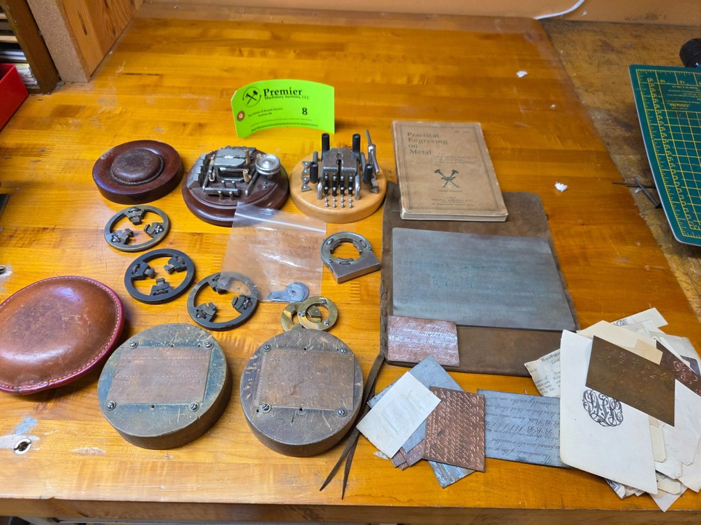 Assorted Engraving Stands, Practice Plates, and Workholding. 