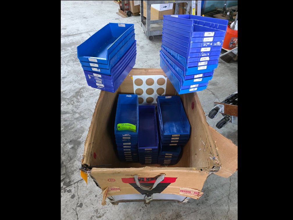 (50) Small Parts Bins and Laundry Storage Cart.