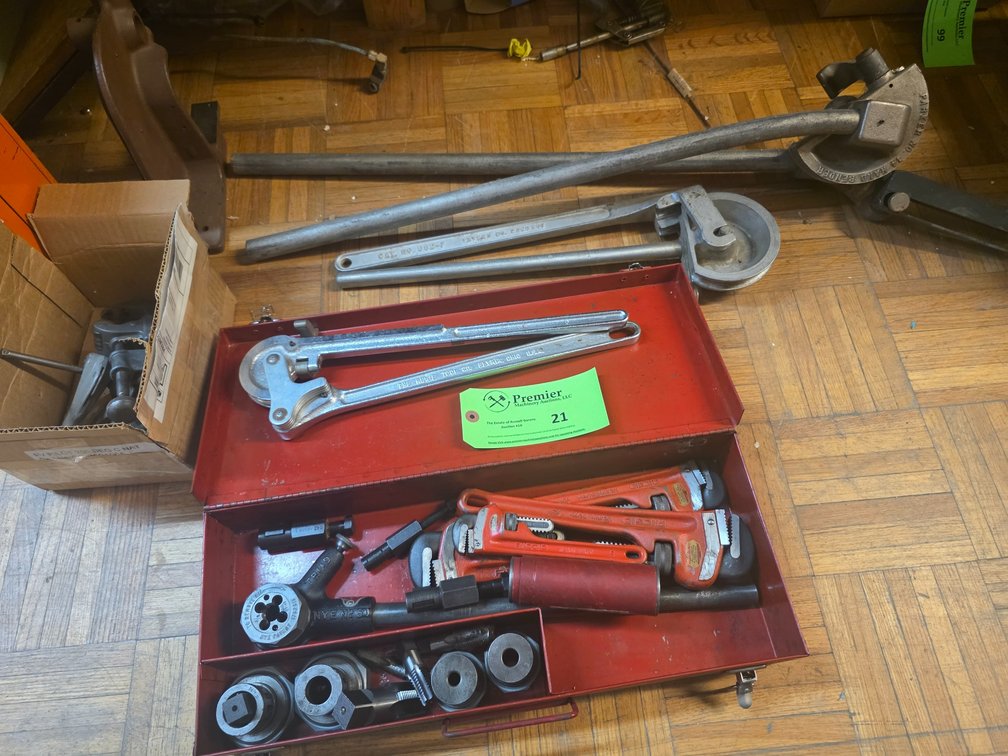 Assorted Pipe Bending and Threading Tools. 