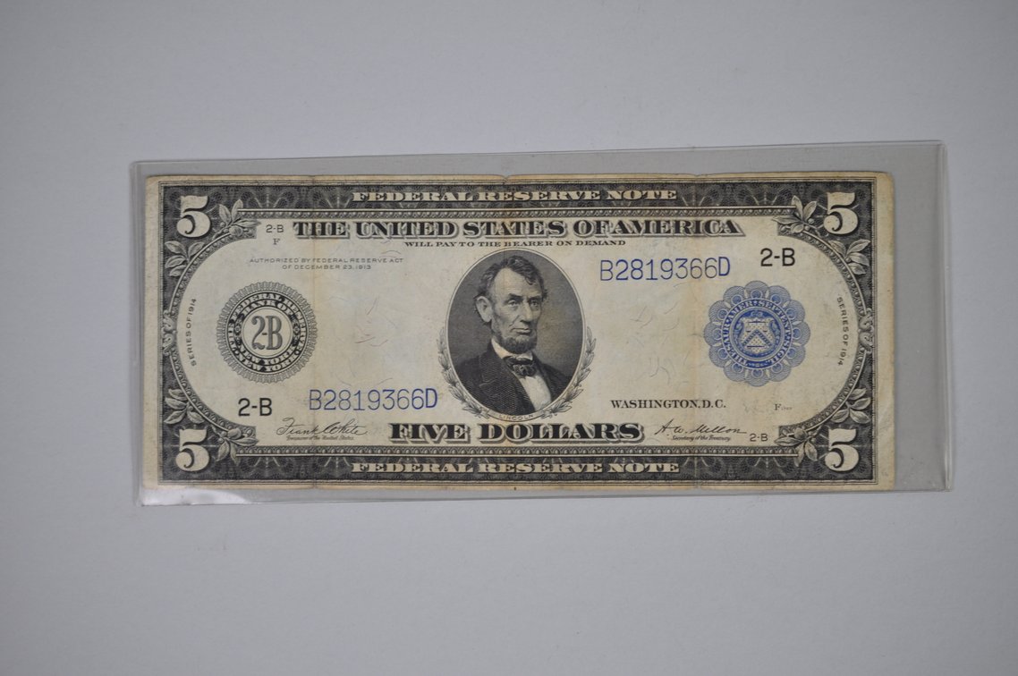 1914 Five Dollar and 1923 One Dollar Blue Seal Notes, photo 2 of 18