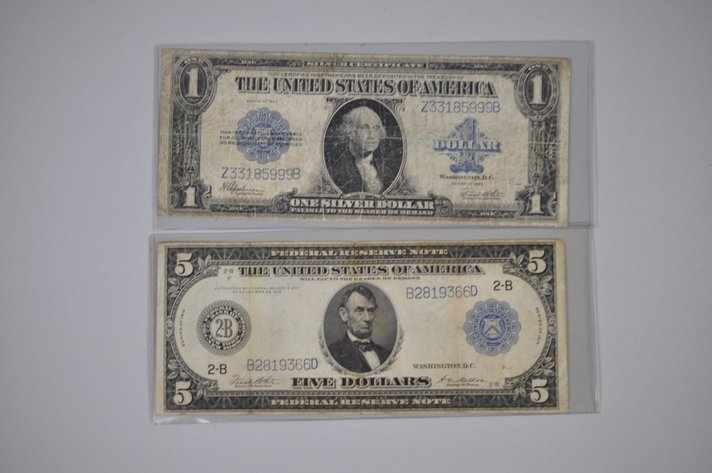 1914 Five Dollar and 1923 One Dollar Blue Seal Notes
