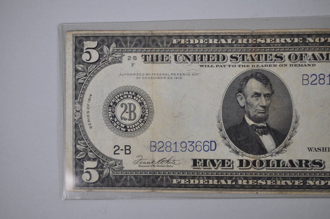 1914 Five Dollar and 1923 One Dollar Blue Seal Notes, photo 3 of 18