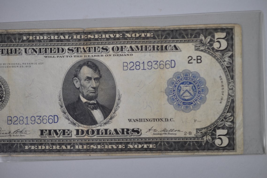 1914 Five Dollar and 1923 One Dollar Blue Seal Notes, photo 4 of 18