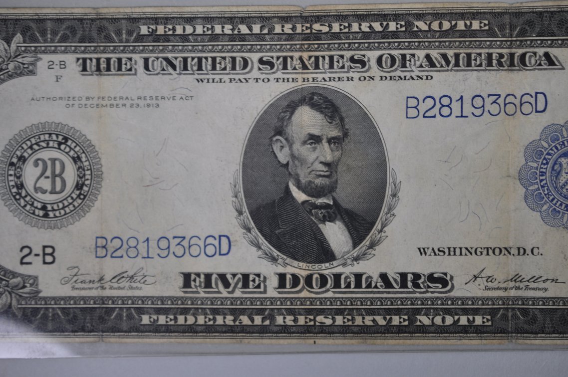 1914 Five Dollar and 1923 One Dollar Blue Seal Notes, photo 5 of 18