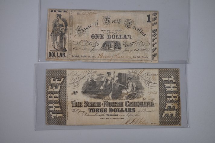 NC One and Three Dollar Civil War Obsolete Banknotes