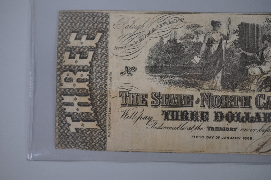 NC One and Three Dollar Civil War Obsolete Banknotes, photo 3 of 15